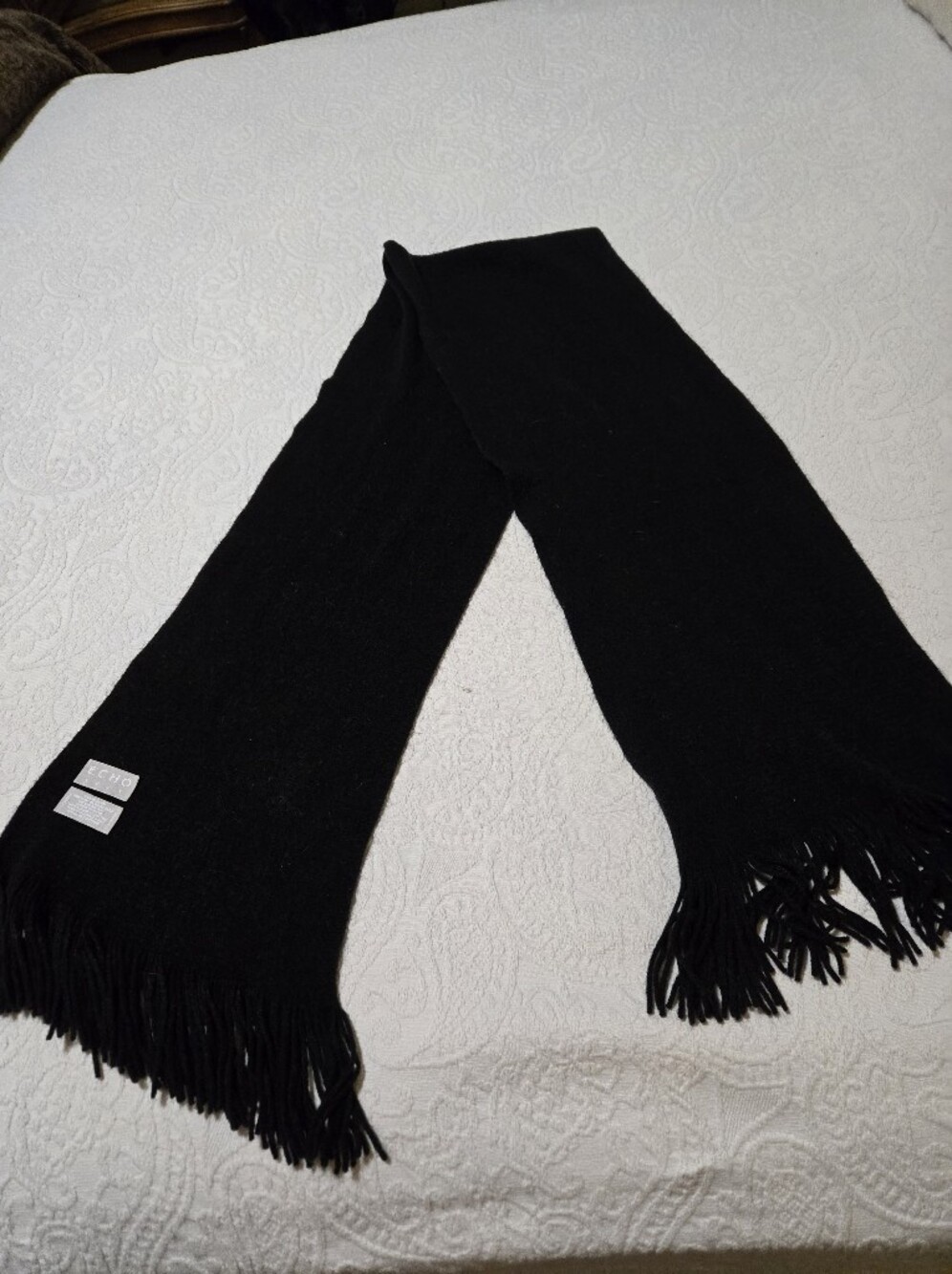 Echo Soft Black Fringed Knit Scarf Cozy Fall Winter Classy